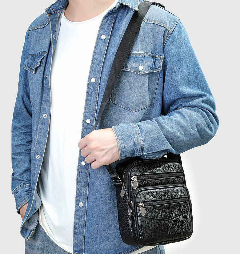 Ekphero Men Genuine Leather Messenger Bag with Zipper Large Capacity Small Shoulder Bag Retro Handbags Bussiness Casual Satchel Pack