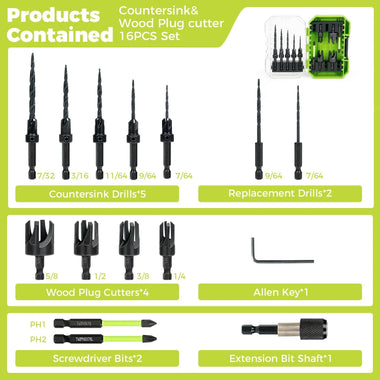 15PCS High Speed Steel HSS Countersink Drill Bit Set Adjustable Depth Tapered Drill Bits for Wood Black Oxide Spiral Flute Woodworking Tool with Plug Cutters and Hex Shank