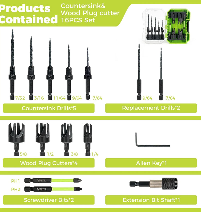 15PCS High Speed Steel HSS Countersink Drill Bit Set Adjustable Depth Tapered Drill Bits for Wood Black Oxide Spiral Flute Woodworking Tool with Plug Cutters and Hex Shank