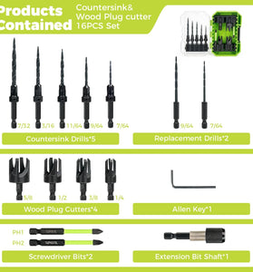 15PCS High Speed Steel HSS Countersink Drill Bit Set Adjustable Depth Tapered Drill Bits for Wood Black Oxide Spiral Flute Woodworking Tool with Plug Cutters and Hex Shank