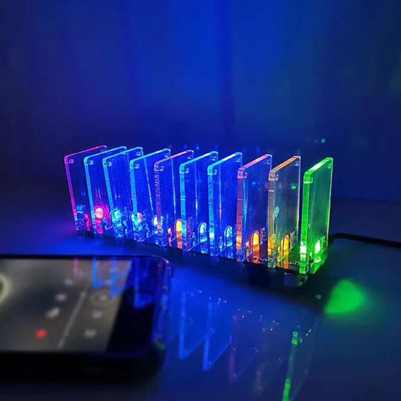 10-Segment Crystal Column Sound-Controlled Spectrum Lamp DIY Kit 7-Color LED Lights Adjustable Sensitivity RF-4 Board 5V 3A