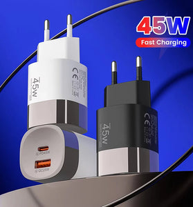 APD-527 PD45W 2-Port USB PD Charger USB-A+Type-C PD QC Fast Charging Wall Charger Adapter EU Plug for iPhone 17 17Pro 16 Pro Max for Huawei Mate XTs for OPPO for VIVO