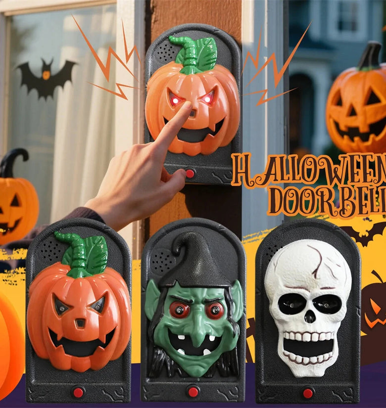 Elfeland Halloween Doorbell Decorations With Spooky Sounds & Lightup Eyes Animated Pumpkin/Skull/Witch Design for Scary Door Decoration Prank Prop Trick Or Treats Event