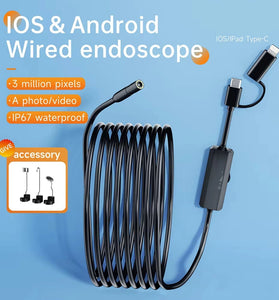 2 in 1 IOS Android 8mm Wired Industrial Endoscope 1m/5m/10m Type-C HD 960P Wired Camera Pipe Inspection Borescope IP67 Waterproof Soft Cord