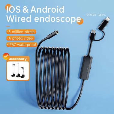 2 in 1 IOS Android 8mm Wired Industrial Endoscope 1m/5m/10m Type-C HD 960P Wired Camera Pipe Inspection Borescope IP67 Waterproof Soft Cord