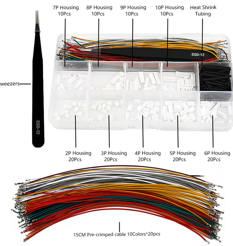 MX1.25MM Connector Kit Pre Crimped Cable 15CM 10 Colors 2-10 Pin Housing Heat Shrink Tubing Electronics Prototyping Wiring Solution