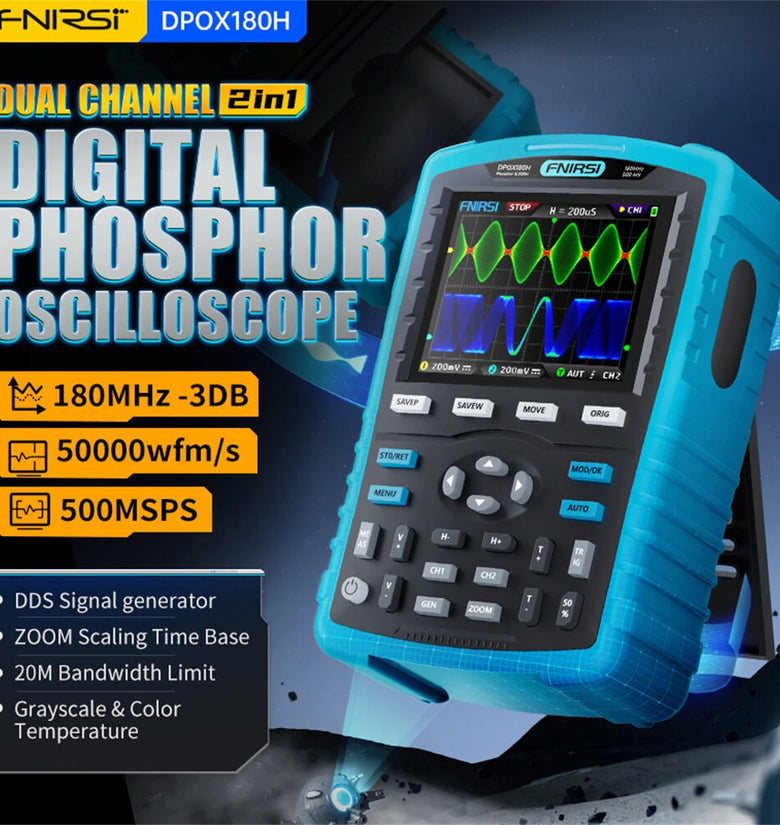 FNIRSI DPOX180H Handheld Phosphor Digital Oscilloscope 180MHz -3DB 50000wfms/s Dual Channel 20Mhz Signal Generator ZOOM XY FFT