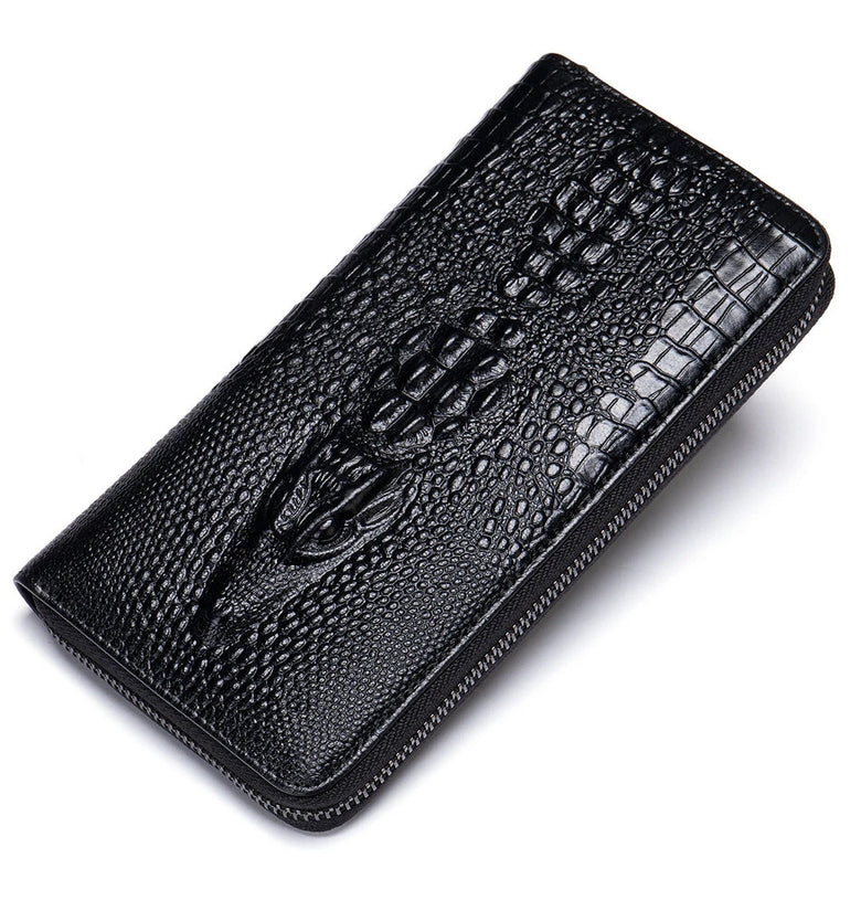 Ekphero Crocodile Print Men's Genuine Leather Wallet RFID Blocking Long Card Holder Purse Multi Card Slots Card Case Vintage Money Clip