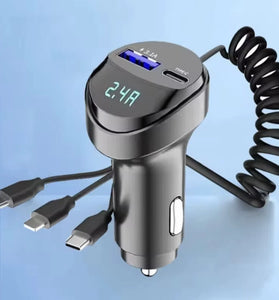 3 In 1 Car Multi-function 2 Ports 55W USB Car Charger Fast Charging USB Retractable Charging Cable with Voltage Display