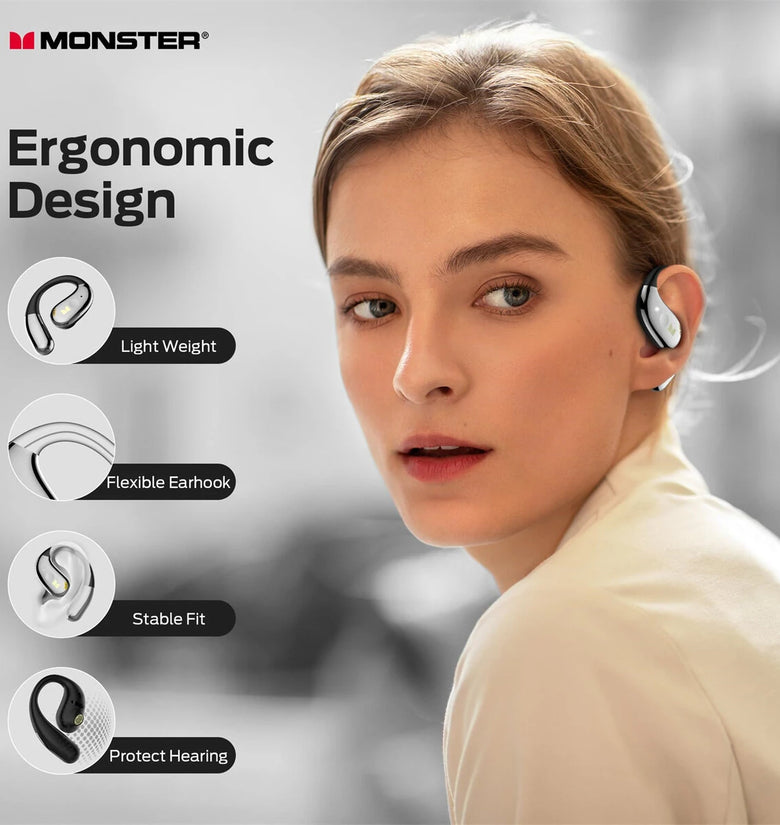 MONSTER AC360 TWS Earbuds bluetooth 5.4 Earphone 14.2mm Titanium PU Diaphragm AAC Audio ENC Noise Cancelling 24H Playback Touch Control Ergonomics Earhooks Sports Headphones with Mic