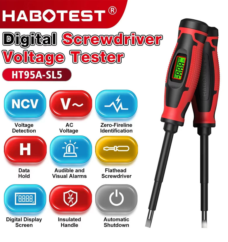 Habotest HT95A SL5 Digital Screwdriver Voltage Tester LCD Backlight AC Voltage 6-390V Flat Head Insulated Handle Automatic Shutoff