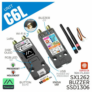 M5Stack Unit C6L for Meshtastic LoRa Communication Module ESP32-C6 SX1262 WiFi 6 0.66 Inch OLED Display RGB LED 868~923 MHz Long Range Wireless Networking