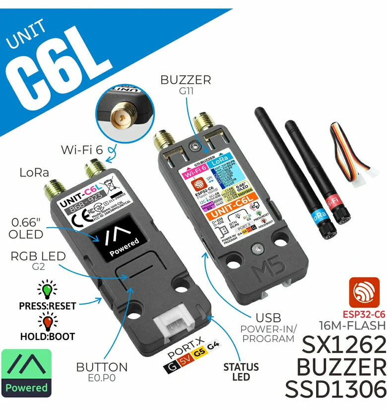 M5Stack Unit C6L for Meshtastic LoRa Communication Module ESP32-C6 SX1262 WiFi 6 0.66 Inch OLED Display RGB LED 868~923 MHz Long Range Wireless Networking
