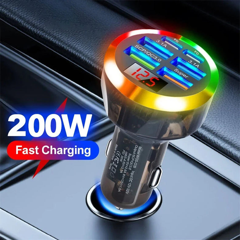 200W 6-Port USB PD Car Charger Adapter 4USB-A+2USB-C Support PD QC3.0 SCP FCP BC1.2 Fast Charging with LED Digital Display for iPhone 16 16Pro 15 14 13 Pro Max for Samsung Galaxy Z Flip6 for Xiaomi 15pro for Huawei Mate XT