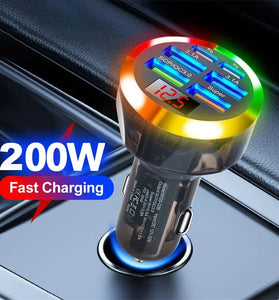 200W 6-Port USB PD Car Charger Adapter 4USB-A+2USB-C Support PD QC3.0 SCP FCP BC1.2 Fast Charging with LED Digital Display for iPhone 16 16Pro 15 14 13 Pro Max for Samsung Galaxy Z Flip6 for Xiaomi 15pro for Huawei Mate XT