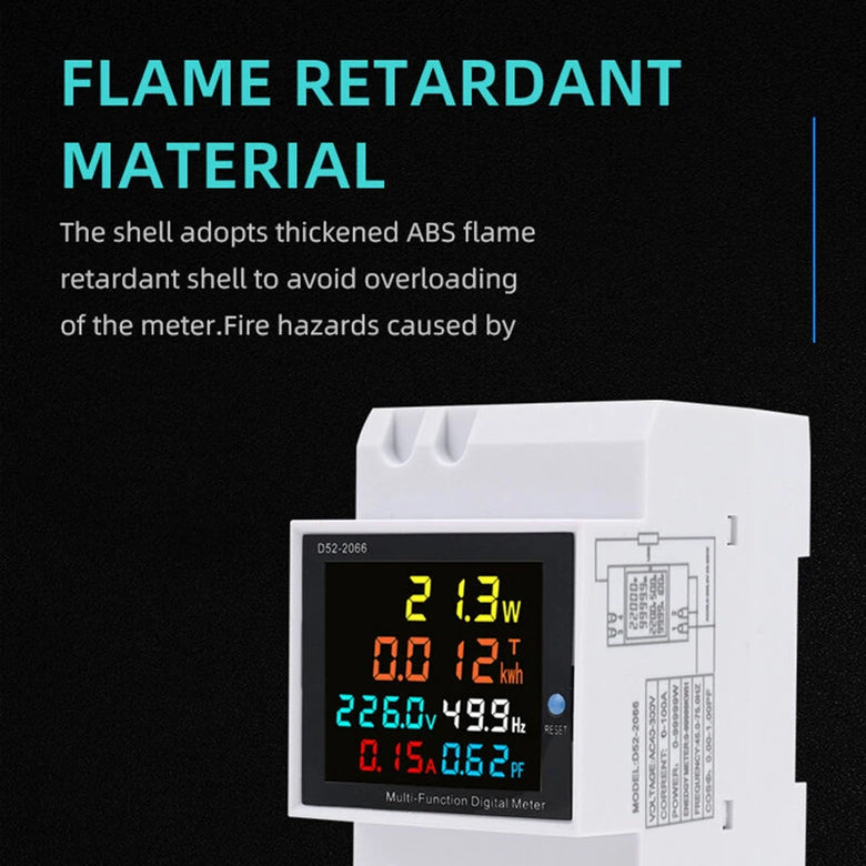 D52-2066 6-in-1 Digital Single Phase Energy Meter with LCD Display Din Rail Mount Power/Voltage/Current/Energy/Frequency Monitor Metering