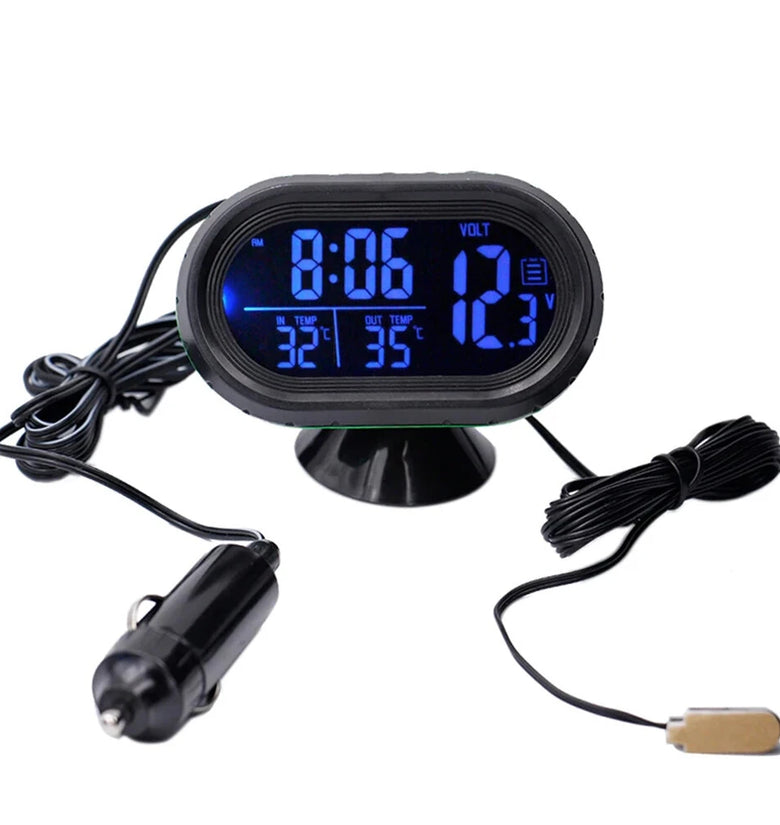 Digital Car Thermometer Temperature Monitor Car Ornament Luminous Clock Voltmeter DC 12V-24V Time Date Dual Display Freeze Alert