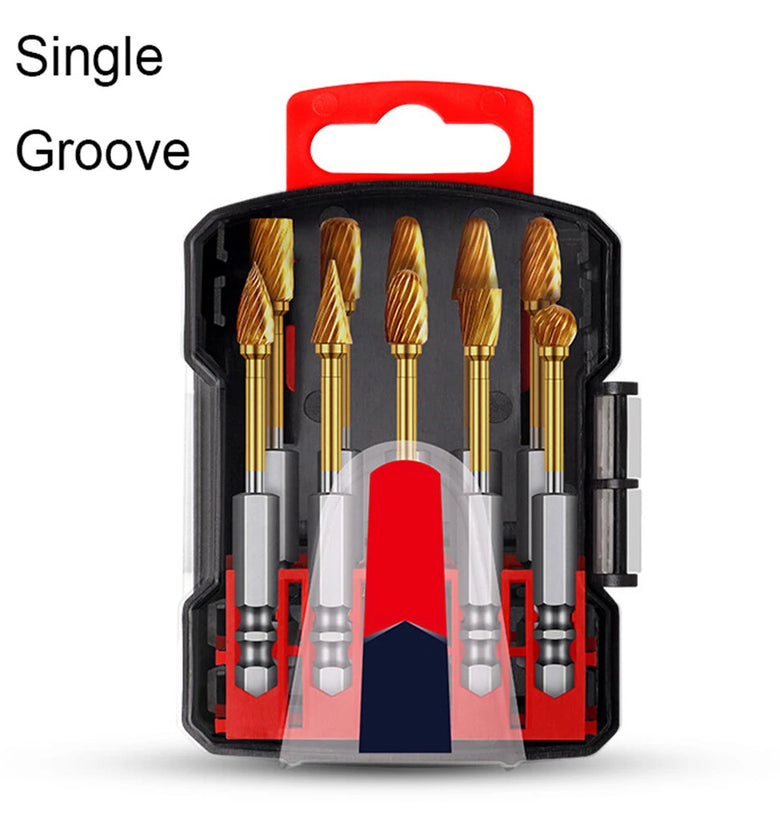 Titanium Carbide Burr Set Die Grinder Bits Tungsten Rotary File Golden Coating High Speed Single Double Cut Multi Shape for Metal Wood Plastic Stone Engraving Cutting
