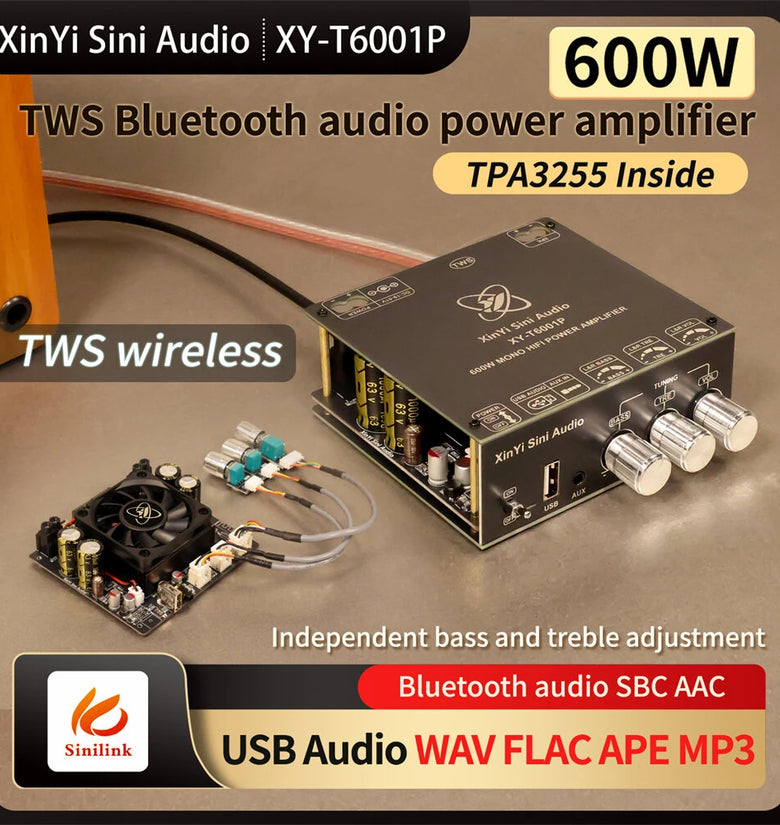 Sinilink XY-T6001P 600W Mono Audio Amplifier Board TPA3255 TWS Bluetooth AUX USB WAV FLAC MP3 Wireless Speaker Compatible