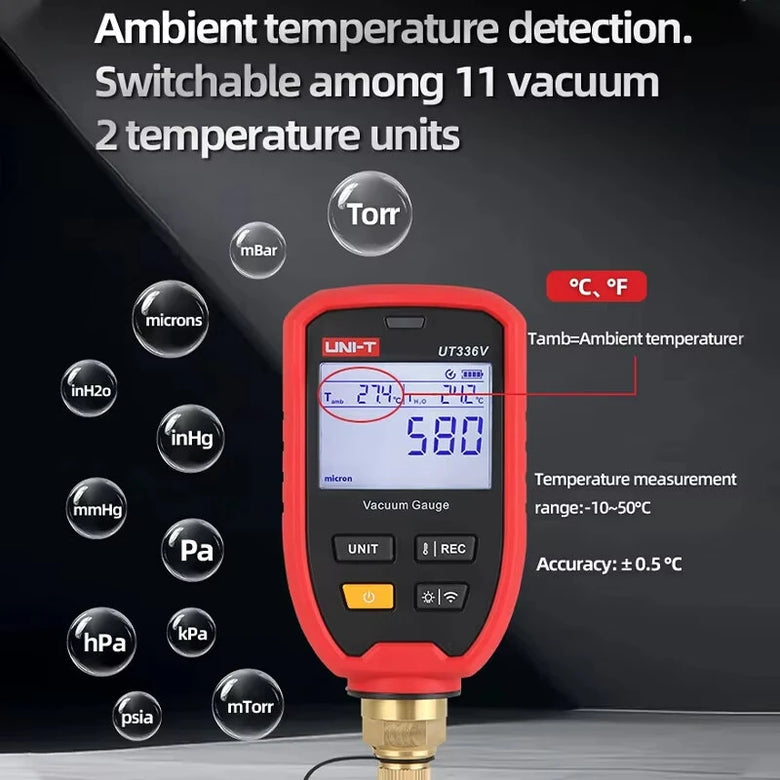 UNI-T UT336V Digital Vacuum Gauge High Precision HVAC Tool Wireless Pressure Measurement IP54 Rated Long Battery Life Compact Design