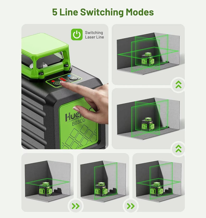 Huepar B03CG 3D 12 Lines Green Laser Level 5 Line Switching Modes 3Ways to Charge/Use 360 Self Leveling IP54 Rechargeable Battery High Precision Indoor Outdoor Construction Tool