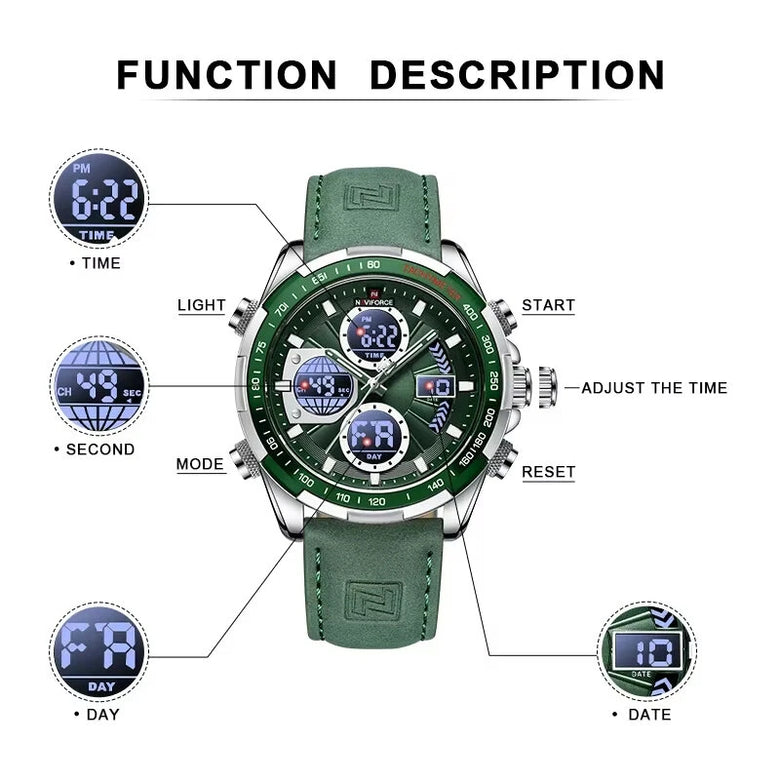 NAVIFORCE Men Multifunctional Quartz Watch Fashion Genuine Leather Strap Sports Watch Exquisite Waterproof Wristwatches for Men's Gift