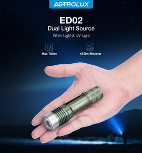 Astrolux ED02 780LM EDC Keychain Flashlight with 365nm UV LEDs 410m Meters Throw Type-C Rechargeable Power by 14500 Battery Waterproof Mini LED Torch For Outdoor Walking, Running, Hiking and Camping