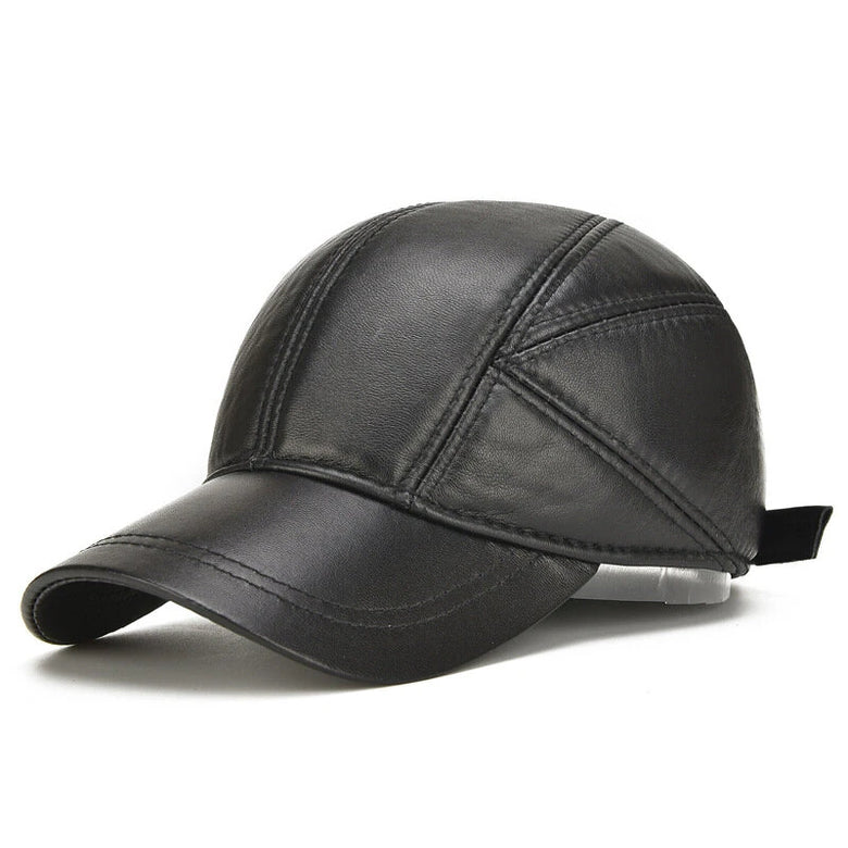 Collrown Mens Genuine Leather Baseball Cap with Hidden Earmuff for Fall Winter Outdoor Casual Warm Cow Leather Hat