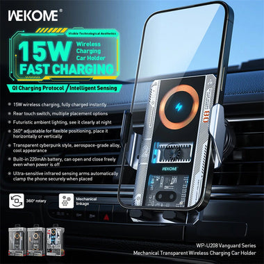 WEKOME WP-U208 15W Car Transparent Magnetic Wireless Charging Stand 360 Adjustable Automatic Opening and Closing Induction Magnetic Car Air Vent Phone Stand for Smart Phone for iPhone 16 Pro Max 15 14 13 for Xiaomi 15pro for Huawei Mate XT