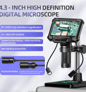 HD Digital Microscope 5X-1000X 12MP 4.3 Inch IPS Screen 1080P Video 8 LED Lights Type-C Suitable for motherboard repair, PCB inspection, mineral inspection and observation