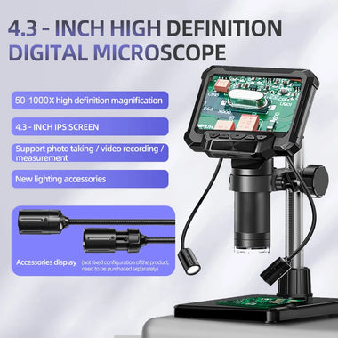 HD Digital Microscope 5X-1000X 12MP 4.3 Inch IPS Screen 1080P Video 8 LED Lights Type-C Suitable for motherboard repair, PCB inspection, mineral inspection and observation