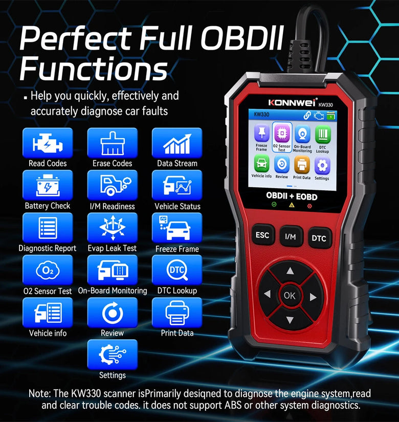 KONNWEI KW330 OBDII EOBD CAN Engine Code Reader 2.8-inch TFT Screen Battery Test Multi-language Car Diagnostic Tool OBD2 Scanner