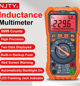 NJTY T58B T58C Inductance Multimeter 9999 Counts High Precision AC DC Voltage Current Resistance Capacitance Frequency Tester Advanced Features Backlit Screen Flashlight Automatic Shutdown