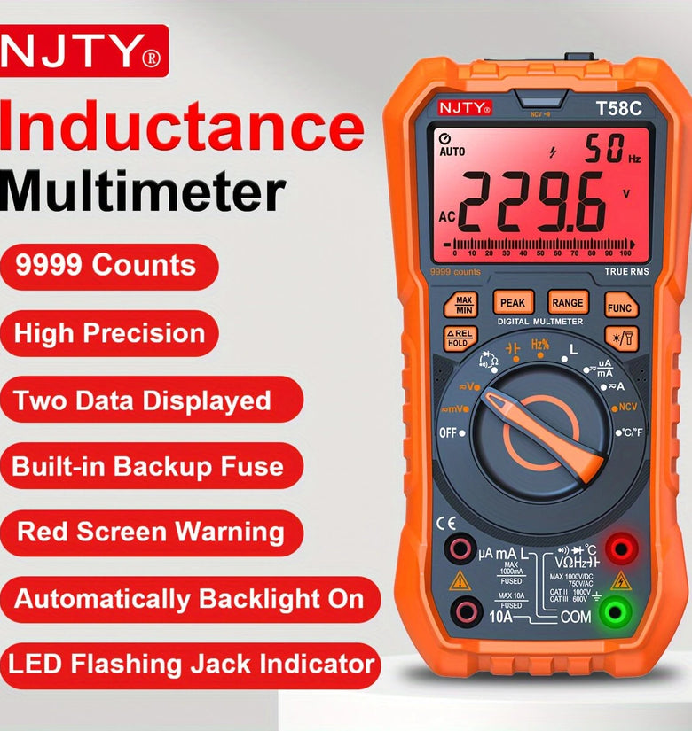 NJTY T58B T58C Inductance Multimeter 9999 Counts High Precision AC DC Voltage Current Resistance Capacitance Frequency Tester Advanced Features Backlit Screen Flashlight Automatic Shutdown