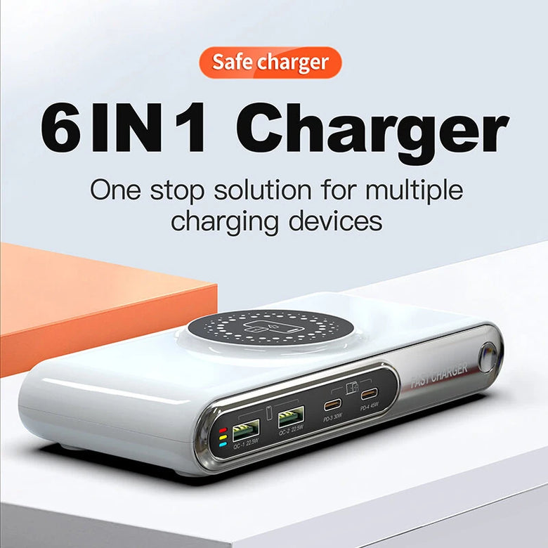 Bakeey WLX-F9A 72W 4-Port USB PD Charger with Wireless Magnetic Charger Pad 2USB-A+2USB-C PD QC3.0 Fast Charging Desktop Charging Station EU Plug US Plug for iPhone 16 15 Pro 14 13 12 Pro Max for Huawei Mate XT for iPad Pro for Airpods for MacBook Pro