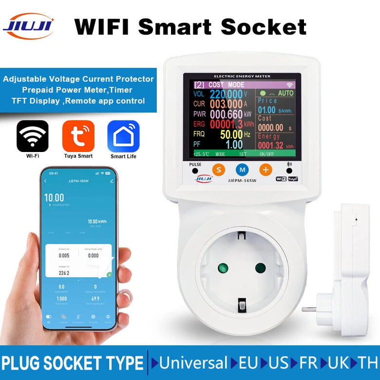 WiFi Smart Protection Socket Tuya App Control Over & Under Voltage Protection Adjustable Power Settings Pure Copper Nickel-Plated Conductors 3250W CE Certified