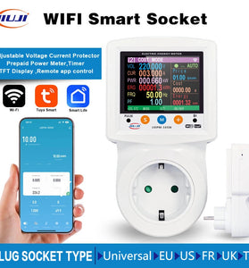 WiFi Smart Protection Socket Tuya App Control Over & Under Voltage Protection Adjustable Power Settings Pure Copper Nickel-Plated Conductors 3250W CE Certified