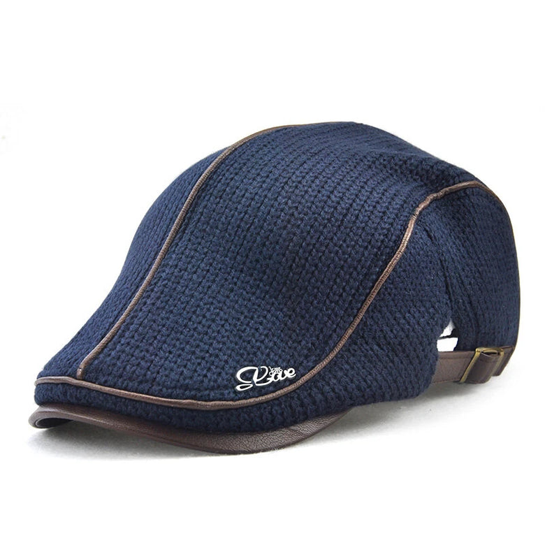 Collrown Knitted Berets Patchwork Leather Brim Men Flat Cap Retro Visor Hat Autumn Winter Warmer Casual Crochet Hat Forward Cap
