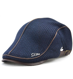 Collrown Knitted Berets Patchwork Leather Brim Men Flat Cap Retro Visor Hat Autumn Winter Warmer Casual Crochet Hat Forward Cap