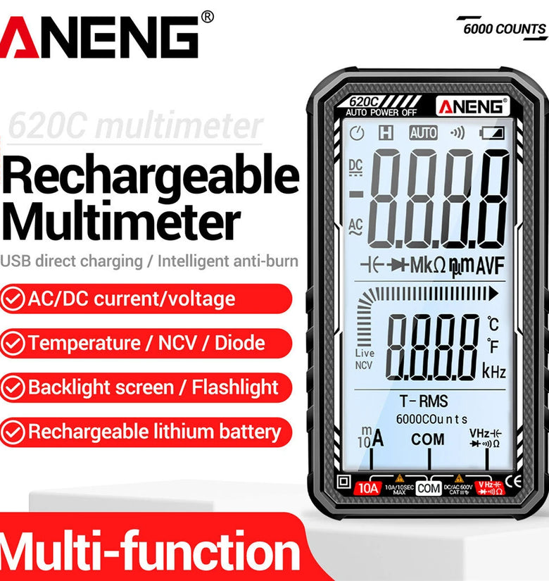 ANENG 620C Digital Multimeter 6000 Counts AC/DC Voltage Current Tester with Backlit Screen Auto Power Off and Flashlight