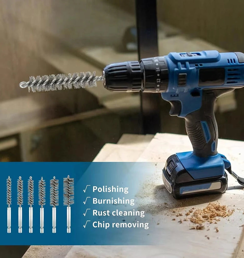 Premium Stainless Steel Bore Brush Set 6 pcs Silver Straight Wire Bristle for Drill Efficient Cleaning Rust Removal