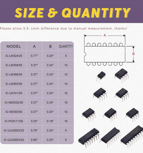 85Pcs Integrated Circuit Assortment Kit LM324 LM358 LM386 NE555 UA741 PC817 ULN2003 with Anti-Static Box for PCB Electronics Projects