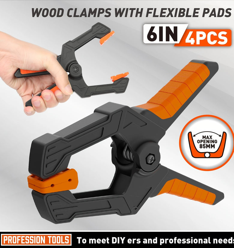 4PCS 6 Inch Heavy Duty Plastic Spring Wood Clamps with with 30Lbs Powerful Clamping Force for Woodworking Photography Backdrop Household Use Cover Holding Wood Gluing