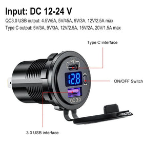12-24V 48W Dual USB Car Charger Socket PD3.0&QC3.0 with LED Voltmeter ON/Off Switch Fast Charge Bus Trailer Boats