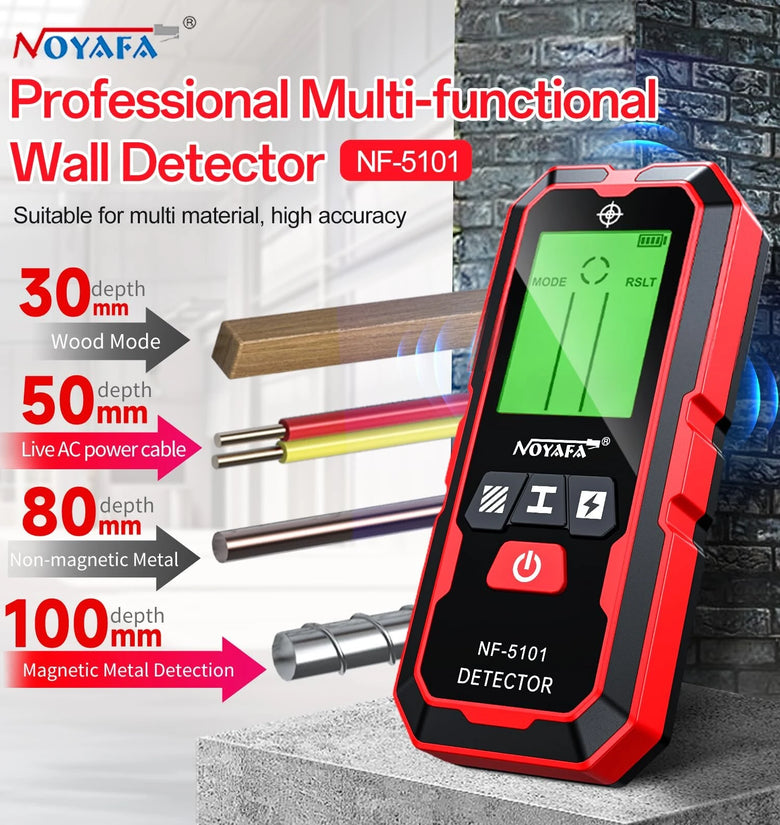 NOYAFA NF-5101 Wall Scanner Stud Finder 5-in-1 High Precision Detector Metal Wood Live Wire Locator LCD Display IP54 Waterproof Automatic Calibration