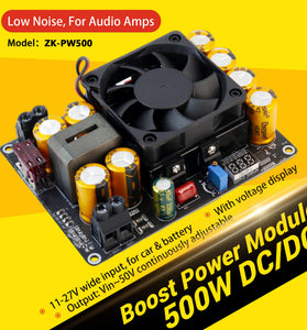 ZK-PW500 500W DC/DC Boost Converter Module 11-27V Input VIN-50V Adjustable Output Voltmeter Display Smart Fan For Audio Amplifiers