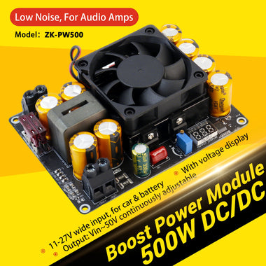 ZK-PW500 500W DC/DC Boost Converter Module 11-27V Input VIN-50V Adjustable Output Voltmeter Display Smart Fan For Audio Amplifiers