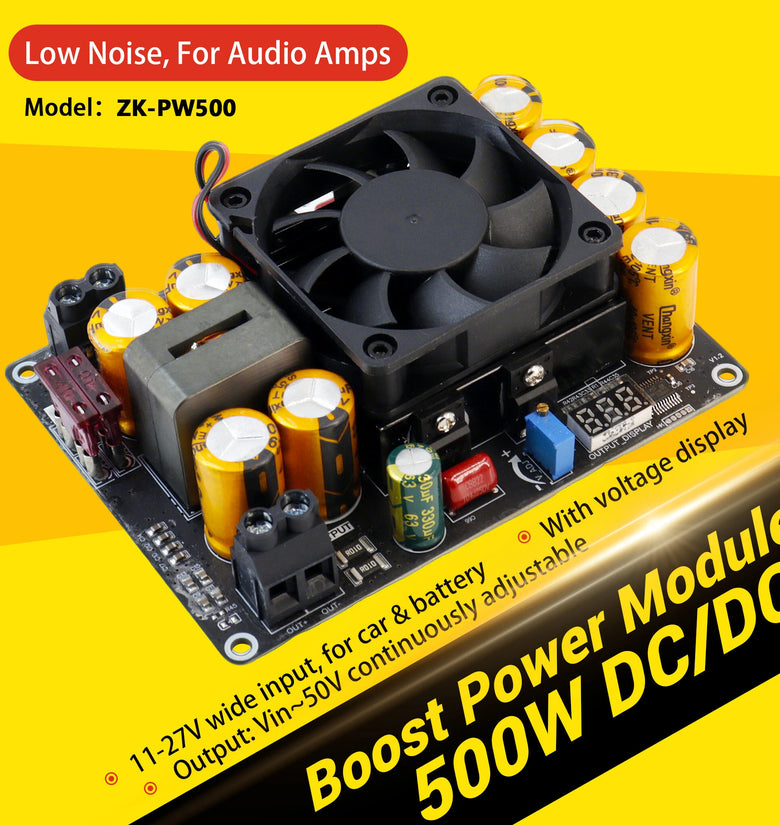 ZK-PW500 500W DC/DC Boost Converter Module 11-27V Input VIN-50V Adjustable Output Voltmeter Display Smart Fan For Audio Amplifiers