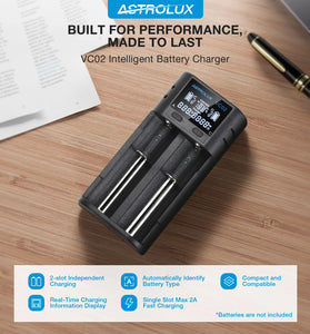 Astrolux VC02 Intelligent 2-Slot LCD Battery Charger Type-C 2A Quick Charge Mix-charging of 1.2V Ni-MH/Ni-CD AA/ AAA/ AAAA 3.6V/ 3.7V Li-ion/ IMR/ INR/ ICR 14500/ 18650/ 21700/26650 Battery For Cells Flashlight RC Toys Home Tools