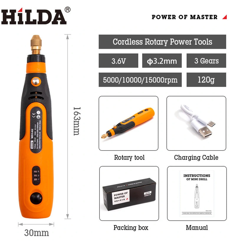 HILDA 3.6V Cordless Mini Drill Rotary Power Tools 3 Gears Compact and Versatile 5000/10000/15000rpm 3.2mm Chuck Size Lightweight Portable and Easy to Use Ideal for DIY Projects